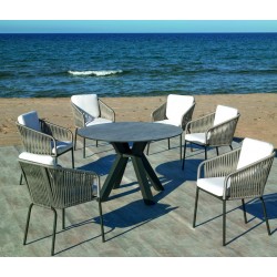 Ensemble table à manger et 6 fauteuils Valonia Anthracite avec chaises corde grise Hevea
