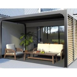 Pergola Bioclimatique Habrita aluminium anthracite 10,80 m2 ventelles imitation bois