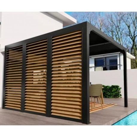 Pergola Bioclimatique Habrita aluminium 10,80 m2 ventelles imitation bois côté 3.6m